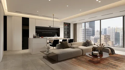 modern living room featuring a spacious sectional sofa arranged for comfortable seating, designed in an elegant minimalist style, showcasing the value of interior design with smart furniture placement capabilities from Homestyler.