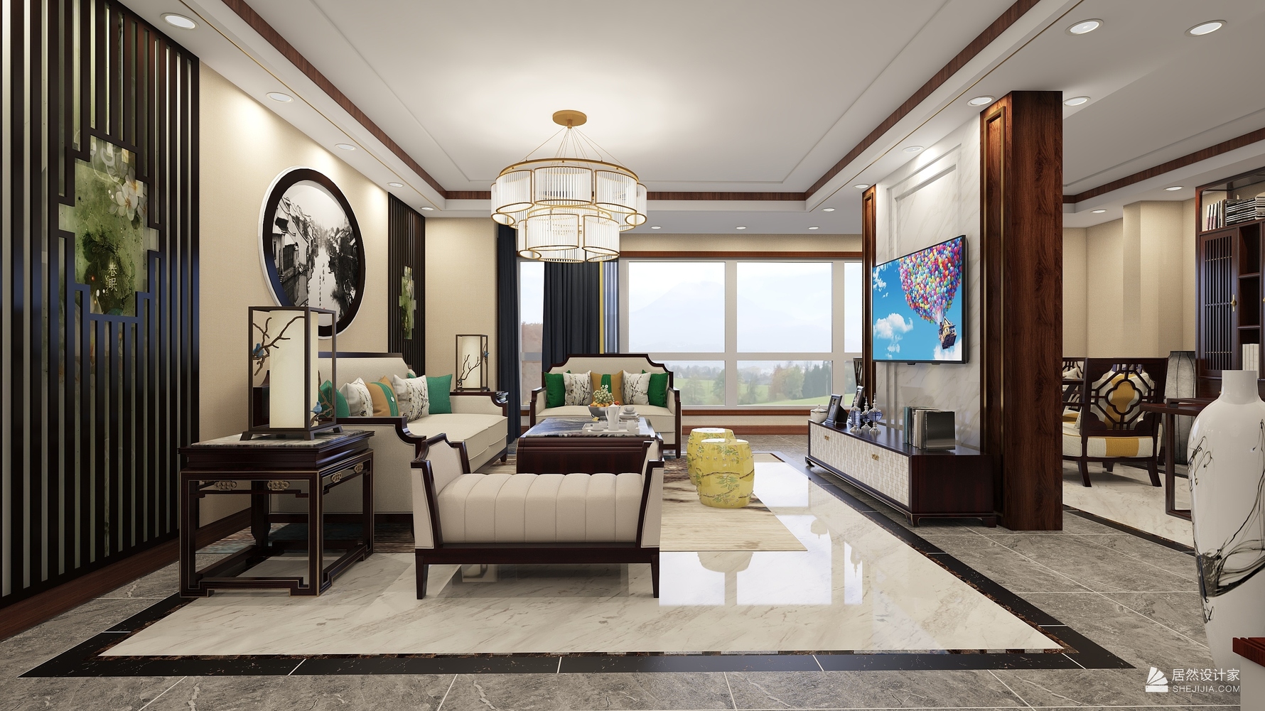 雅畔-新中式 - 中式风格四室两厅装修效果图 - 15577393105设计效果图