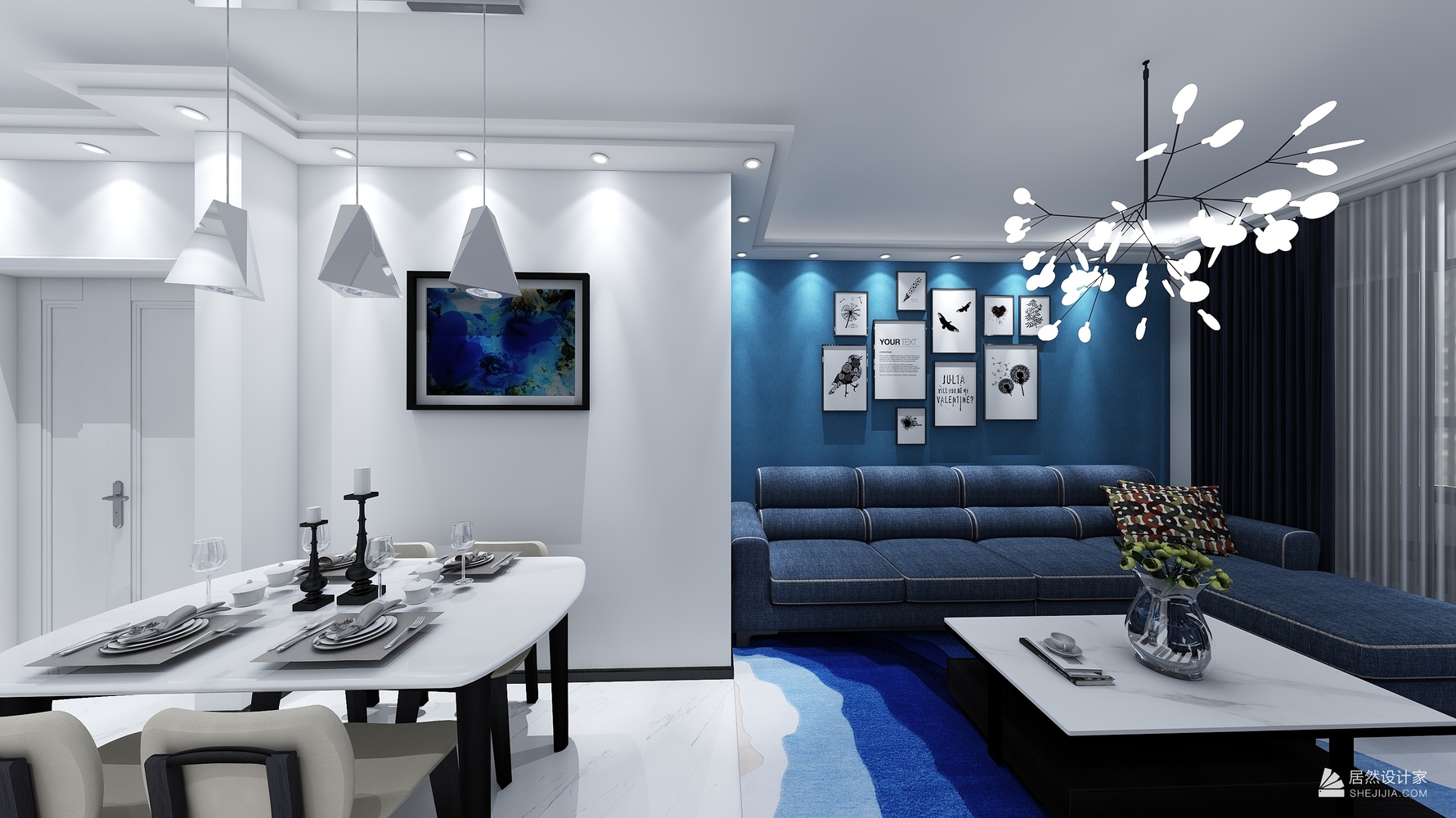 蓝白色调 - 现代风格三室两厅装修效果图 - 简丹设计效果图 - 每平每