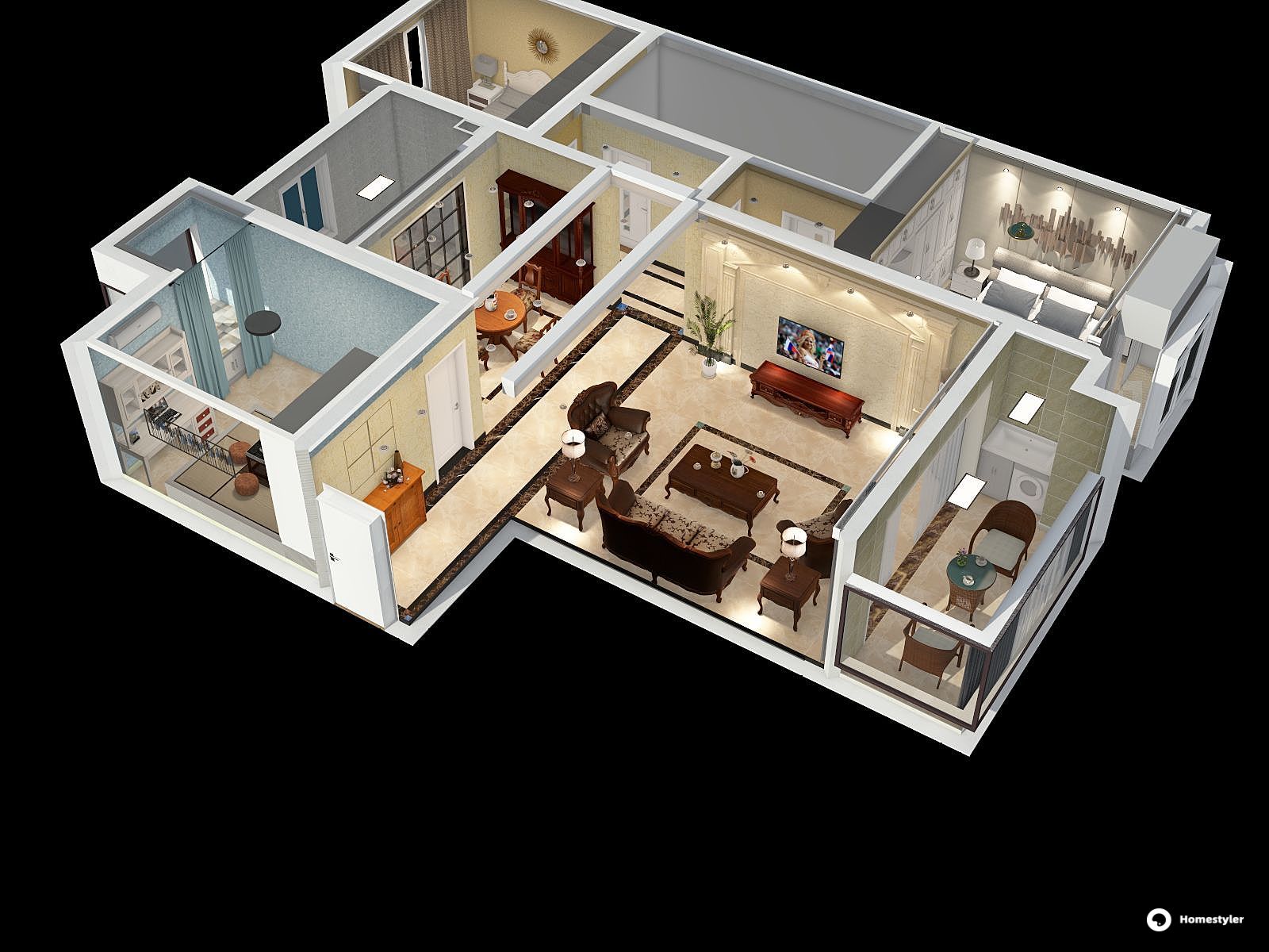 混搭风格三室两厅装修设计效果图