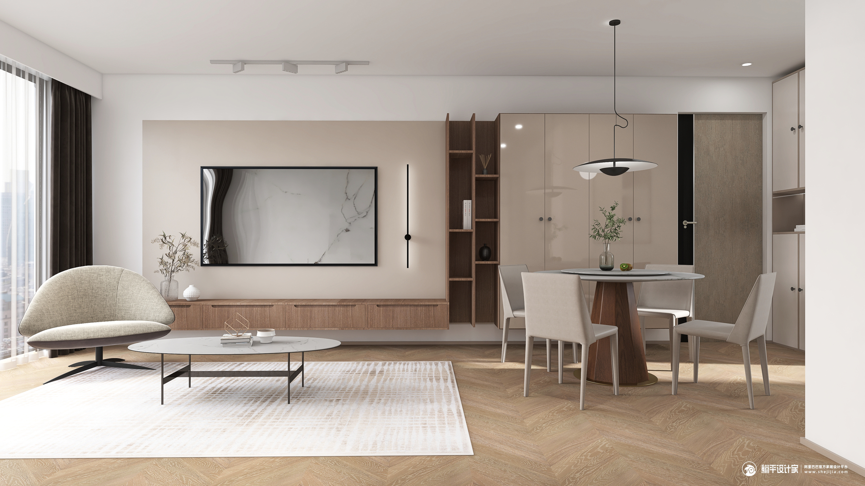 奶茶色系气质美学样板间 - 现代风格三室两厅装修效果图 - 软装设计刘