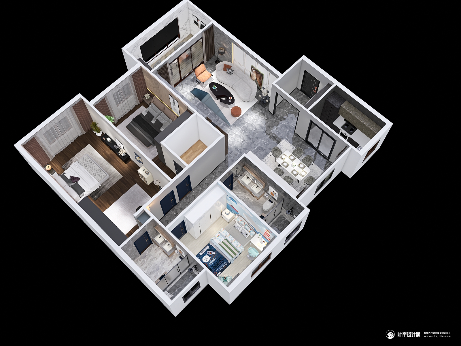 混搭风格三室两厅装修设计效果图