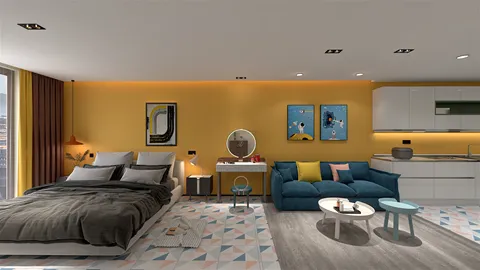 bright bedroom with modern bedding and a cozy sofa arrangement showcasing a contemporary design style, emphasizing space utilization through smart furniture layout in a multipurpose living area.