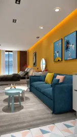 Cozy living room with blue sofa and colorful decor, featuring an integrated bedroom area, designed in a contemporary style, utilizing Homestyler's real-time 3D rendering for renovation previews.