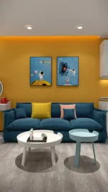 Cozy blue sofa with colorful cushions in a vibrant yellow wall setting, featuring artistic wall decor, perfect for modern living room design, utilizing Homestyler's real-time 3D rendering for accurate space visualization.