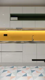 modern kitchen design with minimalist cabinets and colorful patterned flooring using Homestyler's real-time 3D rendering feature