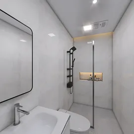 modern bathroom design featuring a sleek shower area and minimalist decor, showcasing interior design with Homestyler's real-time 3D rendering capability.