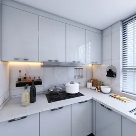 modern kitchen design featuring sleek gray cabinets and a minimalist countertop layout, showcasing an automated floor plan generation for efficient space utilization