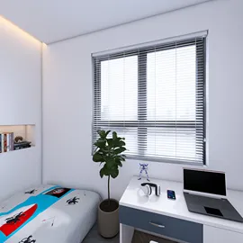 cozy bedroom with a modern desk arrangement featuring a laptop, indoor plant, and a stylish bedspread, designed for efficient small space living using Homestyler's real-time 3D rendering feature.