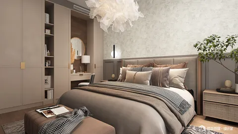 modern bedroom design featuring a cozy bed arrangement with elegant bedding and decor, showcasing a neutral color palette and a touch of greenery, utilizing Homestyler's real-time 3D rendering for a detailed visualization.