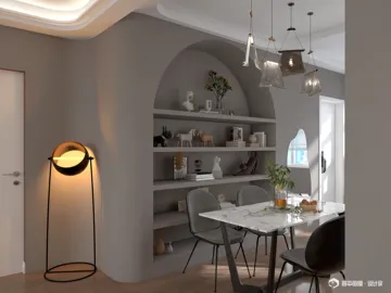 modern dining area featuring decorative shelves and stylish table arrangement in a contemporary setting, showcasing interior design with Homestyler's real-time 3D rendering feature