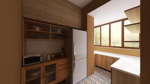 Modern kitchen with wooden cabinetry and large windows, featuring an open layout design, enhancing space efficiency using Homestyler's AR virtual furniture placement feature.
