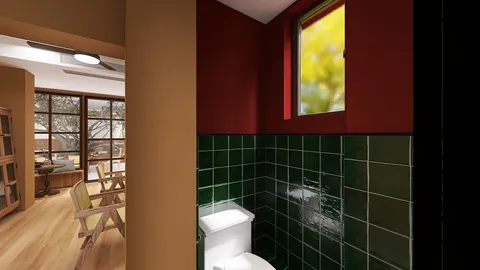 Modern bathroom design featuring a toilet and green tiled walls, showcasing a unique color palette with red accents, utilizing Homestyler's real-time 3D rendering for detailed visualization.