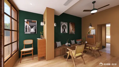 cozy living room with furniture arrangement using smart design, featuring a green accent wall and wooden textures, optimized for small spaces, showcasing Homestyler's real-time 3D rendering feature.