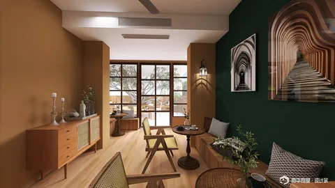 modern interior design featuring a cozy living room layout with strategic furniture arrangement in a warm color palette, showcasing Homestyler's real-time 3D rendering capabilities for efficient design preview.
