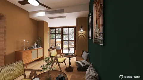 Cozy living room design featuring stylish furniture arrangement in a warm color palette, showcasing modern interior decor with a touch of retro style and highlighting Homestyler's real-time 3D rendering feature.