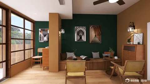 cozy living room with wooden seating and green accent wall showcasing modern design, incorporating interior decor ideas using Homestyler's real-time 3D rendering feature
