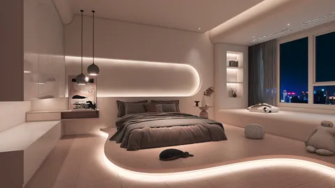 modern bedroom with soft lighting features showcasing interior design using Homestyler's real-time 3D rendering for an inviting atmosphere