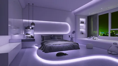 modern bedroom design featuring sleek lighting and ambient decor with a futuristic style, showcasing Homestyler's real-time 3D rendering capabilities for immediate visual previews.