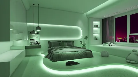 modern bedroom with ambient lighting featuring a green aesthetic showcasing interior design with a focus on spatial value, utilizing Homestyler’s real-time 3D rendering capability.