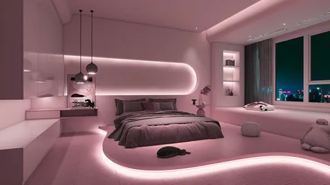 modern bedroom design featuring ambient pink lighting and sleek furniture arrangement in a stylish contemporary style; showcasing Homestyler's real-time 3D rendering capabilities.