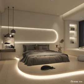 bedroom interior design featuring a modern minimalist layout with ambient lighting and neutral tones, utilizing Homestyler's real-time 3D rendering capability for design proposal visualization.