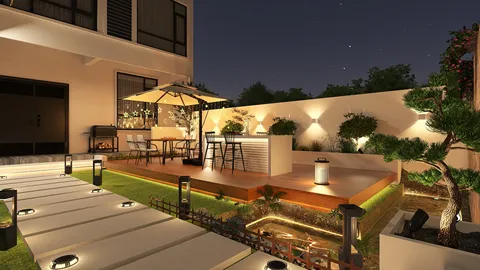 beautiful garden with outdoor seating area featuring an umbrella and decorative lighting, showcasing landscape design, utilizing Homestyler's real-time 3D rendering feature.
