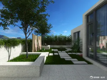 landscaped garden with stone pathways enhancing outdoor living space in contemporary style, featuring Homestyler's real-time 3D rendering capability