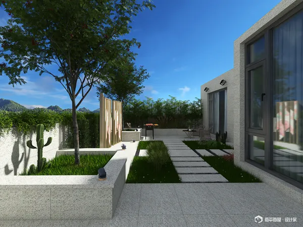 Outdoor garden space featuring modern landscaping design with a focus on natural elements and greenery, enhancing the aesthetic value of the area; showcasing Homestyler's real-time 3D rendering feature.