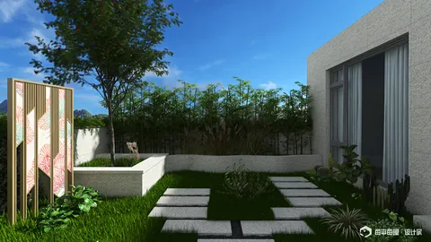 outdoor garden design featuring lush greenery and modern stone pathways, enhancing outdoor living space, utilizing Homestyler's real-time 3D rendering feature.