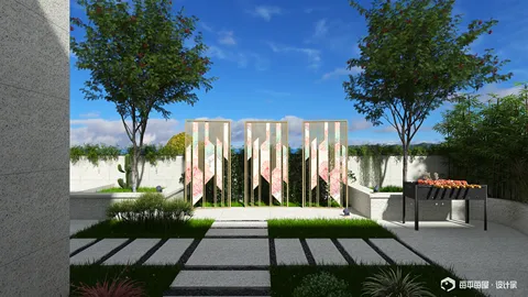 outdoor garden design featuring a decorative screen and barbecue area in a modern style, showcasing landscape value with Homestyler's real-time 3D rendering