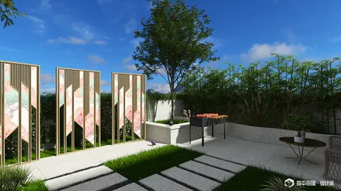 outdoor garden with stylish partitions and barbecue grill showcasing modern landscape design in a serene setting using Homestyler's real-time 3D rendering feature