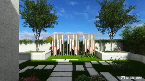 garden landscape with decorative screen featuring planted trees and pathway design in contemporary style showcasing outdoor space optimization using Homestyler's real-time 3D rendering feature.