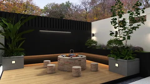 outdoor seating area featuring a circular stone table and wooden benches, designed in a contemporary style, perfect for relaxation; highlights Homestyler's real-time 3D rendering capabilities.