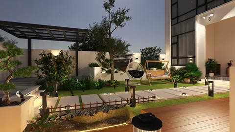 garden design featuring a modern seating area and lush greenery in a serene landscape, showcasing Homestyler's 3D rendering capabilities for immersive outdoor spaces.