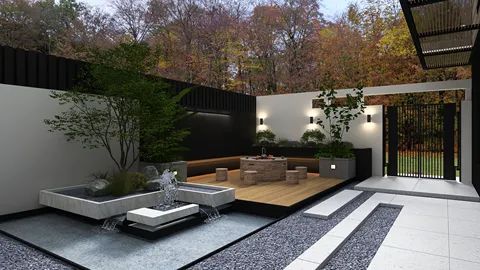 outdoor patio design featuring a modern seating area and water feature in a contemporary style, showcasing the landscaping potential in Homestyler's 3D rendering tool.