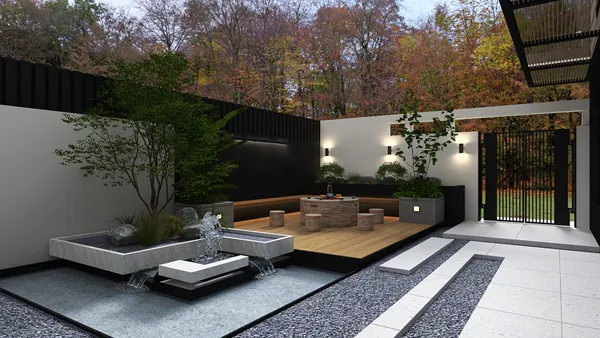outdoor patio design featuring a modern seating area and water feature in a contemporary style, showcasing the landscaping potential in Homestyler's 3D rendering tool.