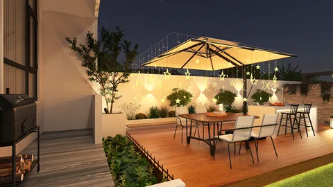 outdoor patio design featuring a dining table with chairs, illuminated by decorative lights, styled for a modern ambiance, showcasing Homestyler's real-time 3D rendering feature.