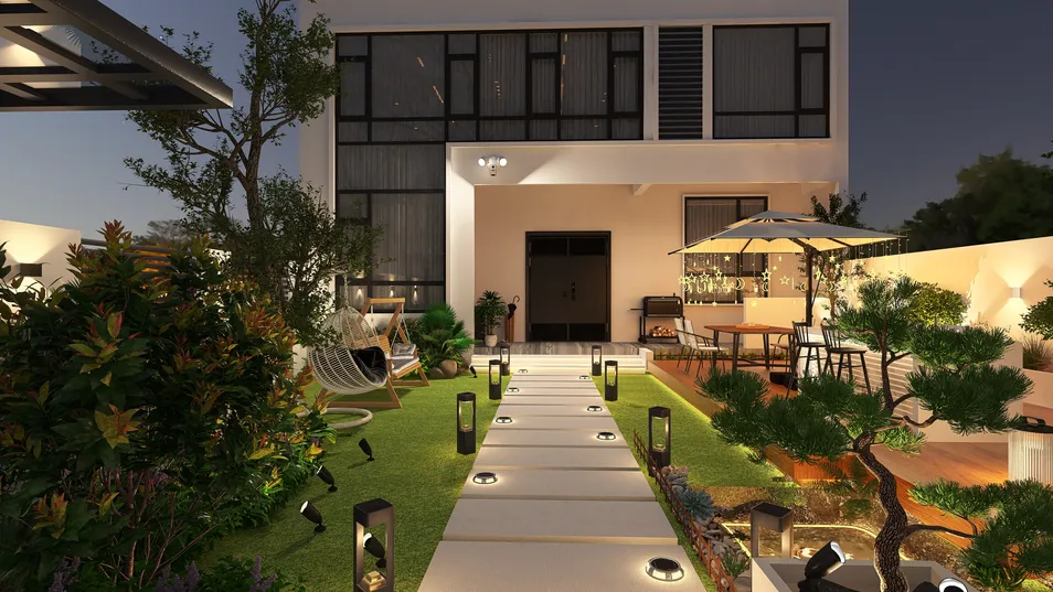 Exterior garden design with pathway lighting and outdoor seating area in a modern style, showcasing the Homestyler feature of real-time 3D rendering for landscape visualization.