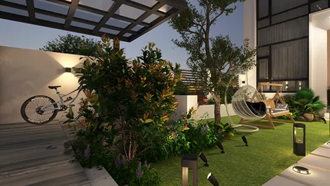lush garden space featuring a bicycle, hammock, and modern seating arrangement with ambient lighting, designed for outdoor relaxation and entertainment in a contemporary style, utilizing Homestyler's real-time 3D rendering feature.