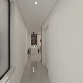 Modern hallway interior design showcasing a sleek minimalistic style with optimized space for small homes using Homestyler's real-time 3D rendering feature.