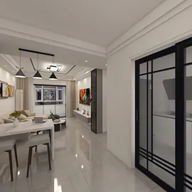 modern living room with a dining area featuring a sleek table and chairs, showcasing an elegant minimalistic design, promoting space optimization for small apartments using Homestyler's real-time 3D rendering feature.