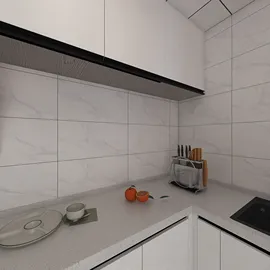 modern kitchen with sleek cabinetry and counter design, featuring a marble tile backsplash, showcasing interior decor trends, utilizing Homestyler's real-time 3D rendering for instant design visualization.