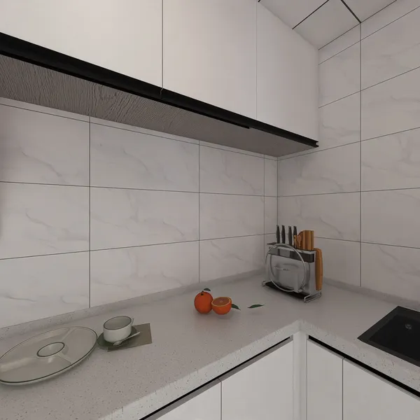 modern kitchen with sleek cabinetry and counter design, featuring a marble tile backsplash, showcasing interior decor trends, utilizing Homestyler's real-time 3D rendering for instant design visualization.