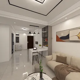 Modern living room showcasing a cozy sofa and dining area, designed with a contemporary style for enhanced space utilization, featuring Homestyler's real-time 3D rendering functionality.