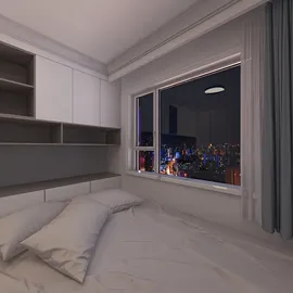 Cozy bedroom with modern design featuring a bed and sleek storage units next to a large window showcasing a city view, utilizing Homestyler's real-time 3D rendering for design preview.