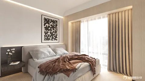 bedroom design with cozy bedding and elegant curtains featuring realistic 3D rendering in a modern style, showcasing interior decor optimization using Homestyler's advanced features.