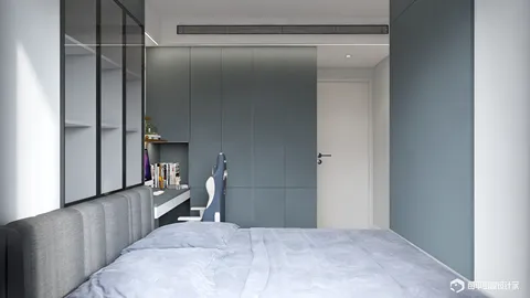 modern bedroom design featuring a cozy bed and a sleek workspace, enhancing functionality in a compact space, utilizing Homestyler's real-time 3D rendering for an accurate design preview.