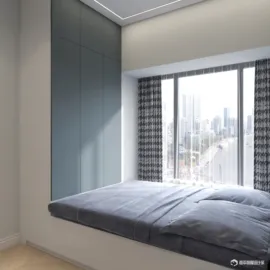 cozy bedroom interior showcasing a sleek window seat design in a modern minimalist style, highlighting space optimization with real-time 3D rendering feature of Homestyler.