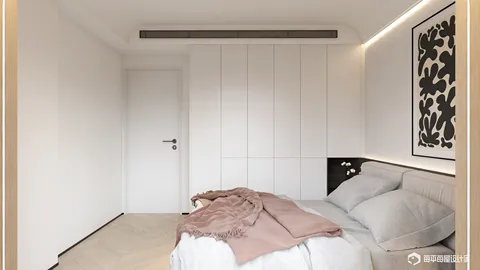 modern bedroom design featuring a cozy bed with soft linens and a minimalist aesthetic, optimizing small space with intelligent furniture arrangement using Homestyler's smart layout feature.